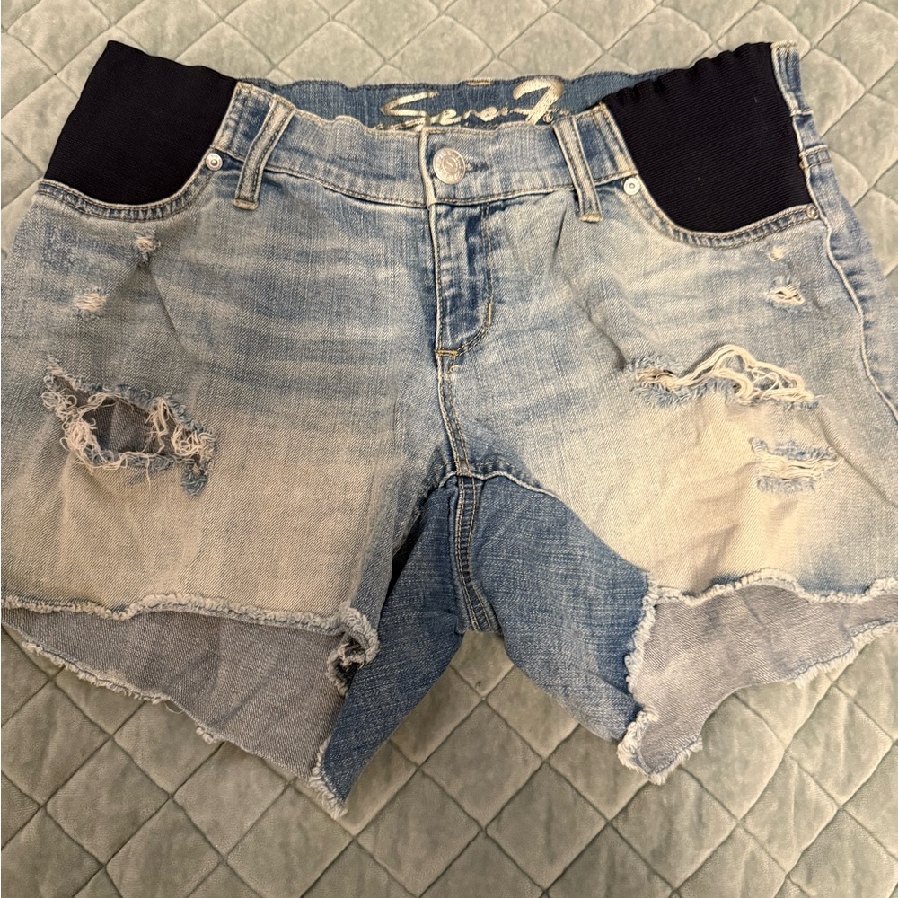 Seven7 Blue Distressed Jean Shorts with Elastic Waistband